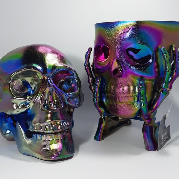 Halloween Skull Table Decor Approx 6 In and Skeleton Treat Bowl Approx 7 In Set - Picture 1 of 1